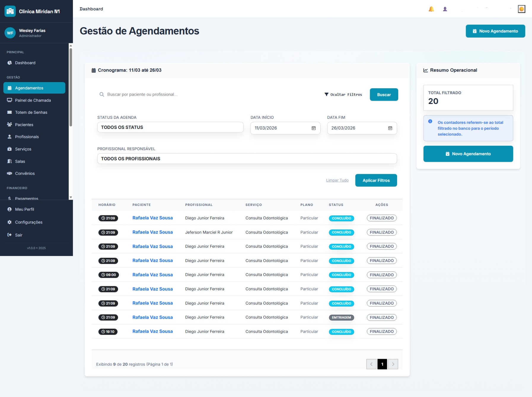 Gestão de Agendamentos — Miridan Clínicas
