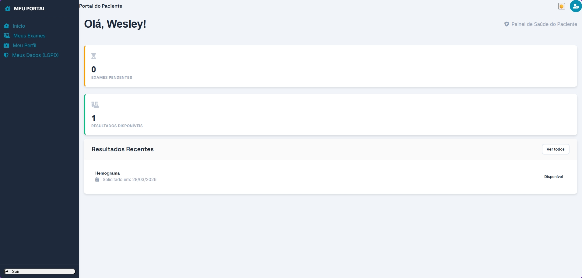 Dashboard do Portal do Paciente — modo claro
