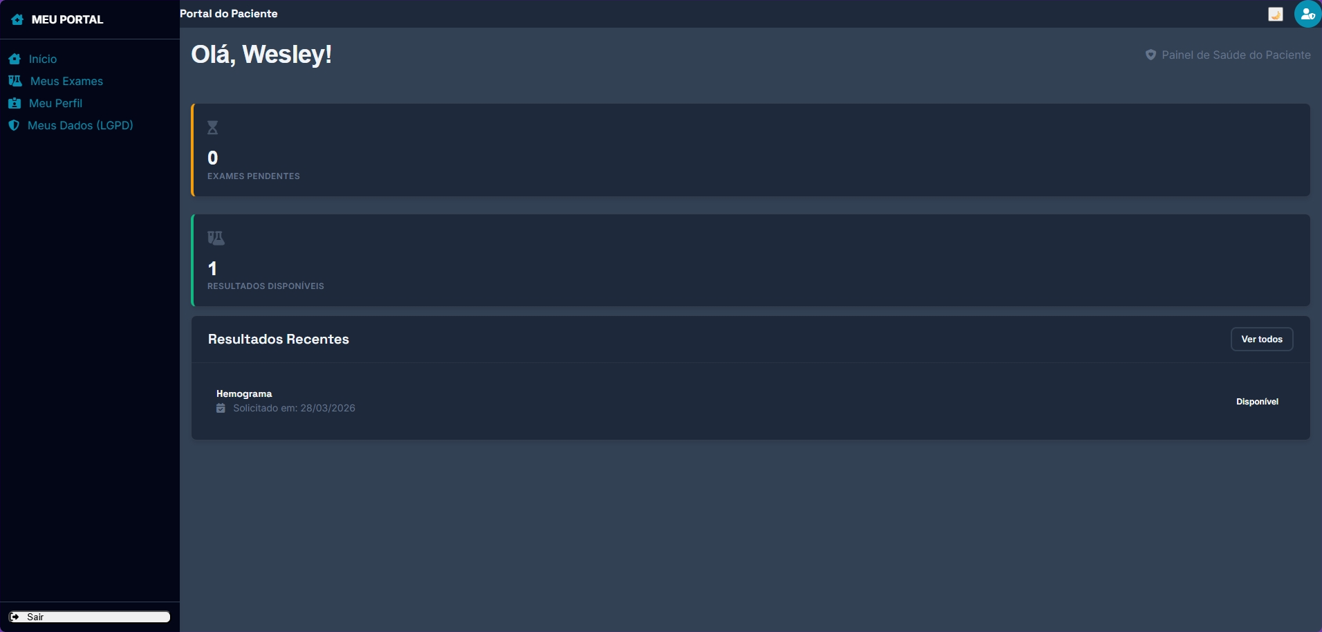 Dashboard do Portal do Paciente — modo escuro
